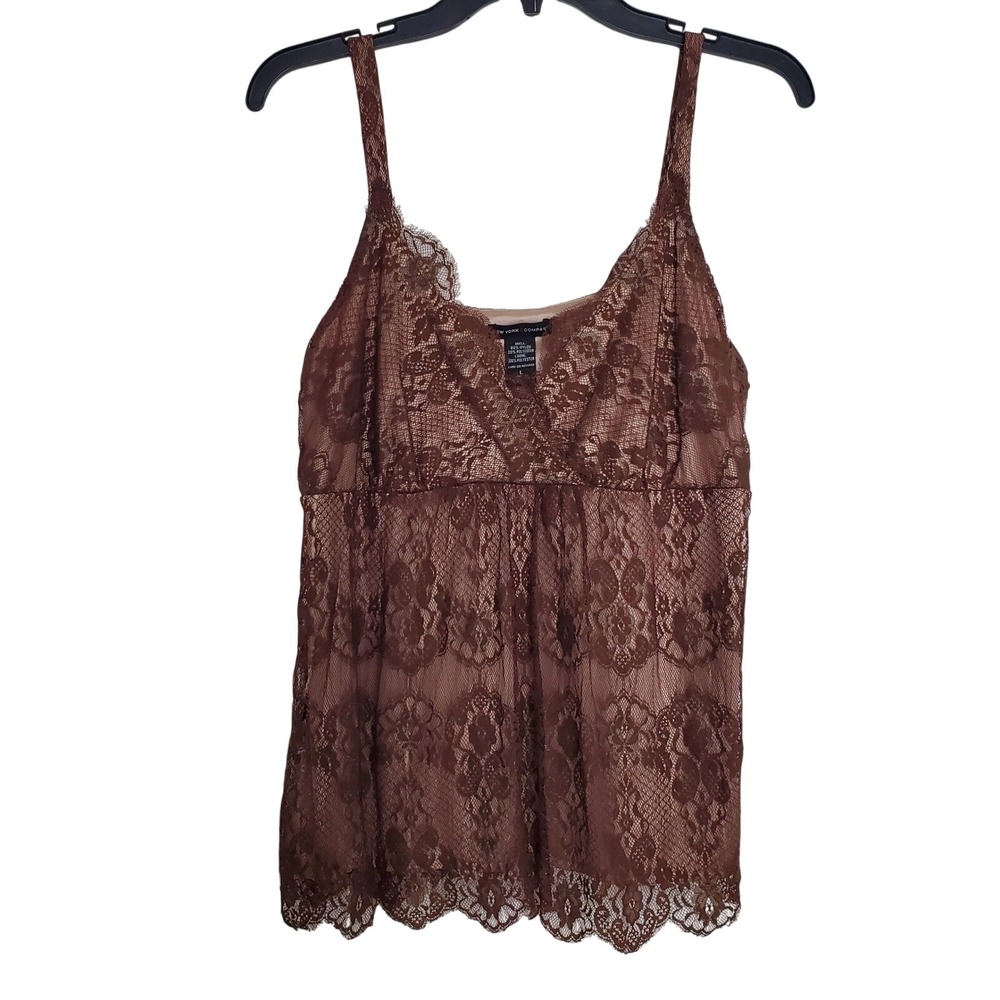 Vintage Y2K Chocolate Brown Floral Lace Sheer‎ Cami Romantic Fairy Goth Top Lg